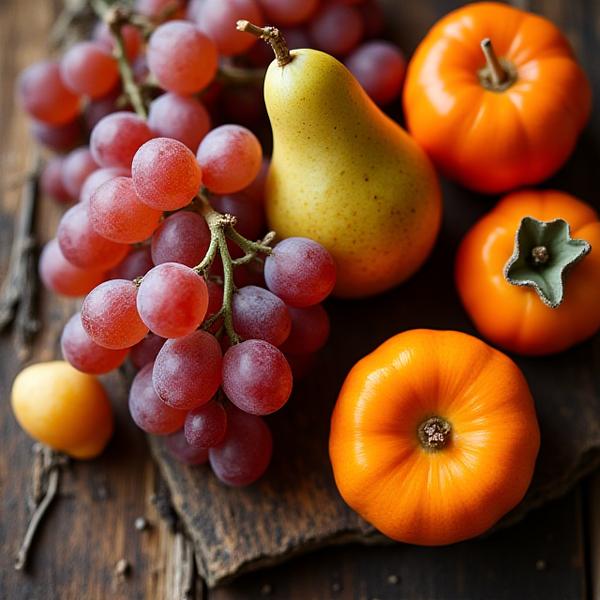 秋：有機ぶどう、梨、柿