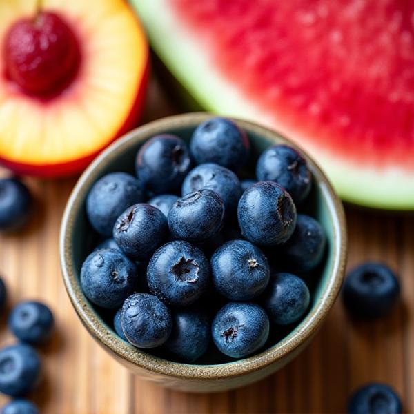 夏：有機ブルーベリー、桃、すいか