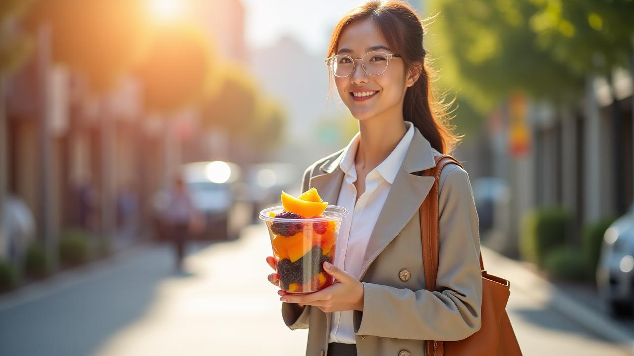 忙しい朝に明治通りでフルーツカップを楽しむ女性